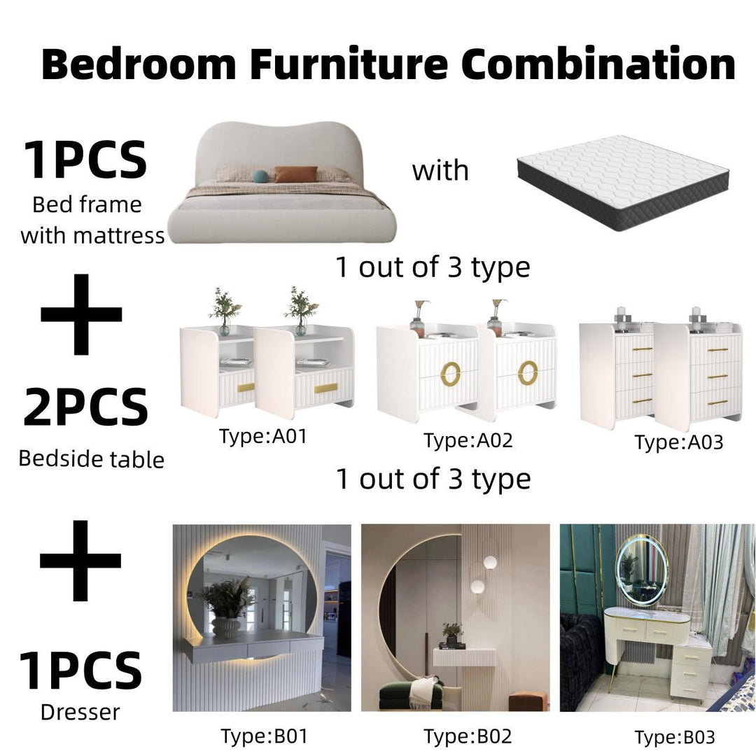 ABC Home Bedroom Furniture Bed Frame with Mattress Bedside table Dresser