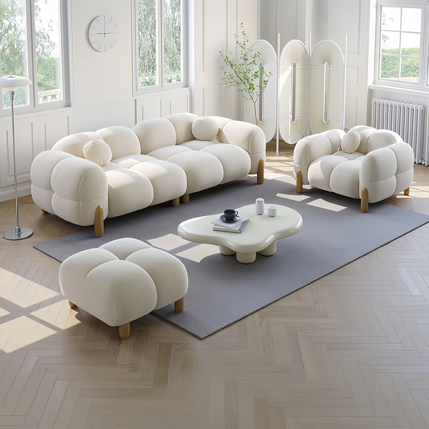 ABC HOME Sofa: Light Luxury Fabric Cloud Shaped Sofa set for Livingroom in Dubai showroom