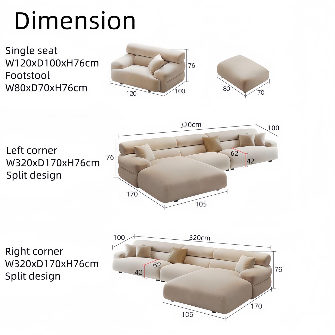 ABC Home Fleece Fabric Overstuffed Multifunction Sofa set for Livingroom Office